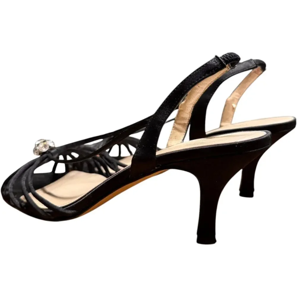 CAPARROS 9M Black Satin Formal Sandal Multu Strap Cage Central Rhinestone